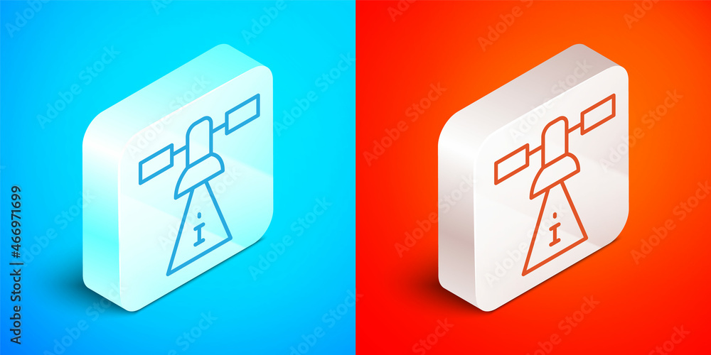 Isometric line Satellite icon isolated on blue and red background. Silver square button. Vector Isometric line Satellite icon isolated on blue and red background. Silver square button. Vector