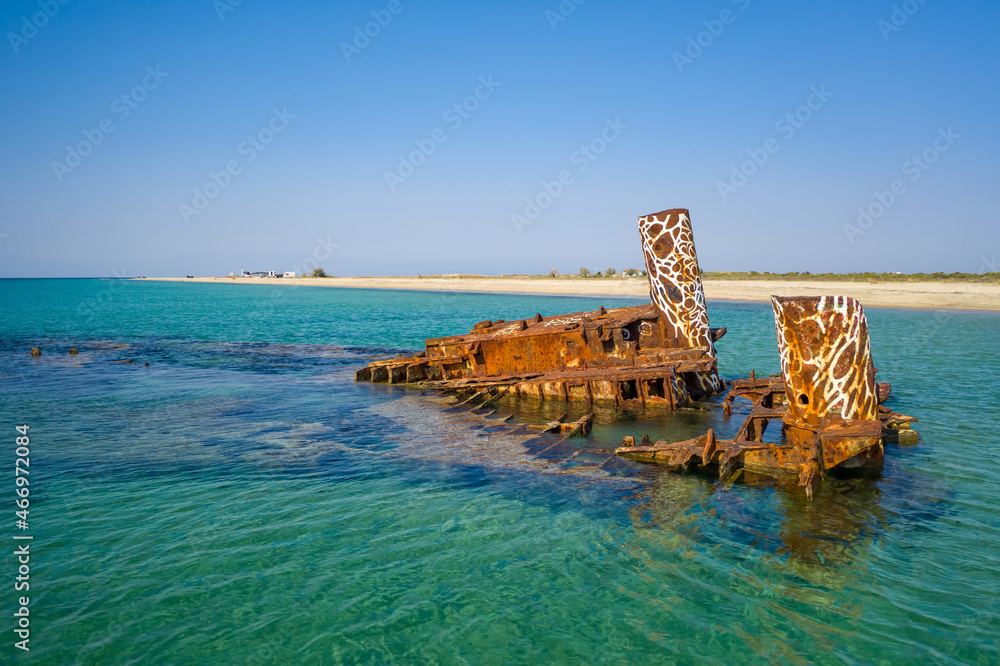 Aerial view of Shipwreck in the Aegean sea in Halkidiki. Greece