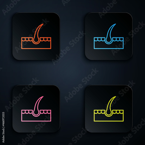 Color neon line Human hair follicle icon isolated on black background. Hair care treatment. Set icons in square buttons. Vector