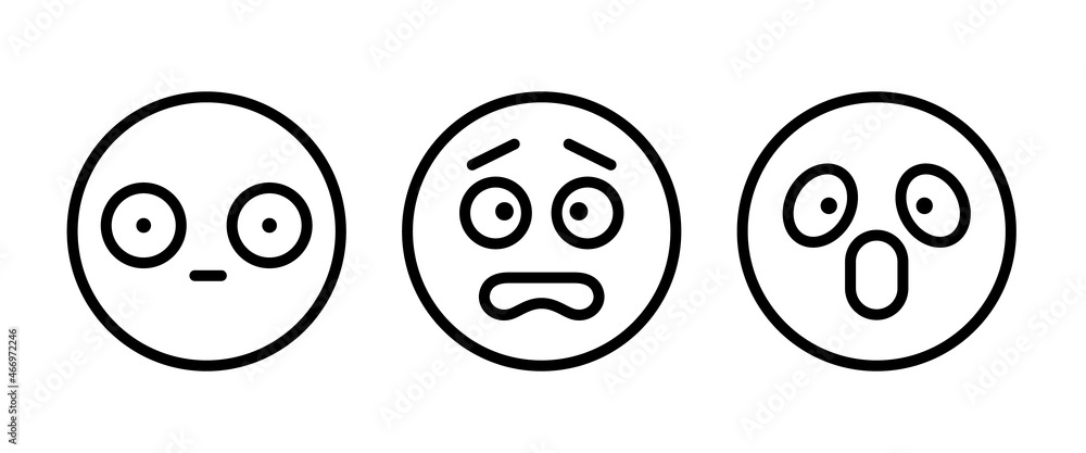 Terrified frightened emoticon isolated afraid emoji. Vector screaming face in panic, scared or surprised, afraid or horrified emoji. Amazed emoticon with open mouth, big eyes, afraid or asking Scared Terrified frightened emoticon isolated afraid emoji. Vector screaming face in panic, scared or surprised, afraid or horrified emoji. Amazed emoticon with open mouth, big eyes, afraid or asking Scared