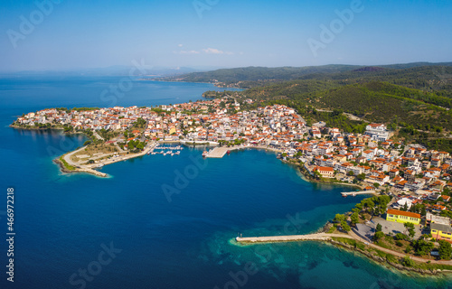 Aerial drone view of Neos Marmaras city, Sithonia peninsula of Chalkidiki. Greece