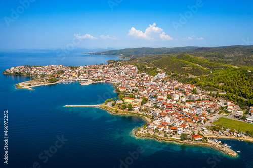 Fototapeta Naklejka Na Ścianę i Meble -  Popular Neos Marmaras city, Sithonia peninsula of Chalkidiki. Aegean sea, aerial view. Northern Greece