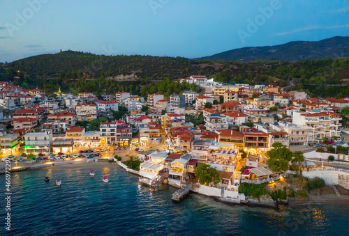 Neos Marmaras city  Greece. Aerial evening view of village  Sithonia peninsula of Halkidiki