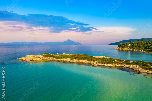 Aerial landscape sunset view of mount Athos, Sithonia, Greece