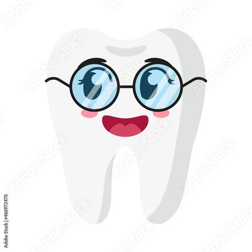 Vector cartoon cute characters of tooth with glasses.