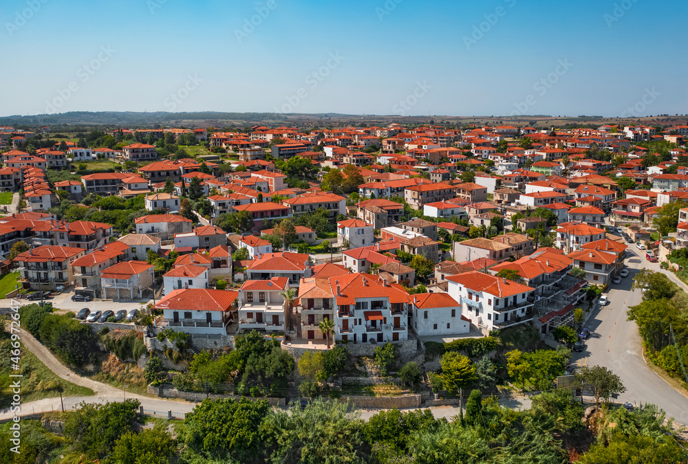 Afytos village in Chalkidiki, northern Greece. Aerial drone view of old city and orange roofs. Kassandra peninsula