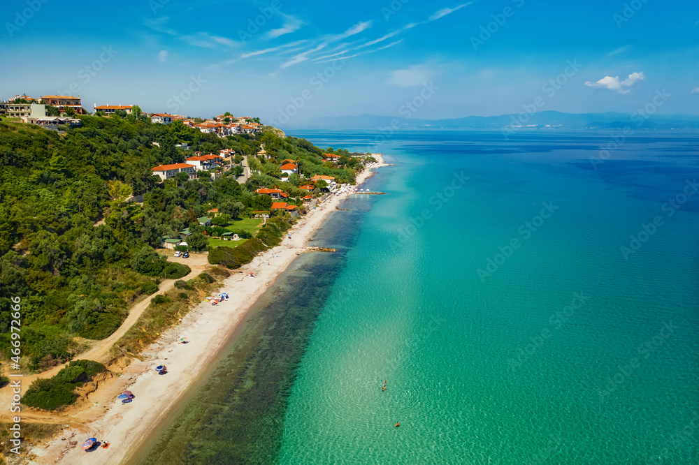 Aerial view of beach line, close to Afytos, village in Halkidiki, northern Greece. Kassandra peninsula