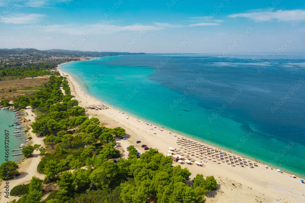 Aerial view of famous Lagoon beach in Chalkidiki, Kassandra peninsula. Aegean sea, Greece 