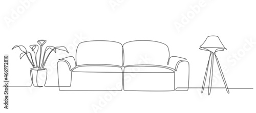 Continuous one line drawing of sofa and stylish lamp and potted plant. Living room interior in loft apartment. Modern furniture in simple Linear style. Doodle vector illustration