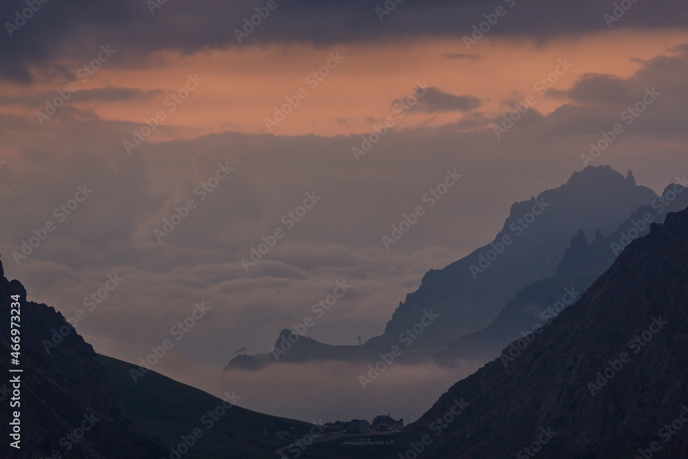 Colorful sunset landscape in the Dolomite Mountains, Italy, in autumn