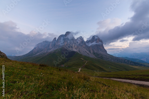 Colorful sunset landscape in the Dolomite Mountains, Italy, in autumn