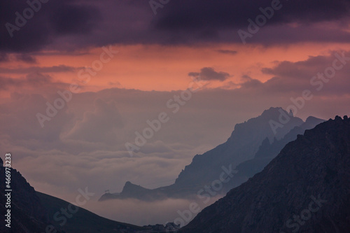 Colorful sunset landscape in the Dolomite Mountains  Italy  in autumn