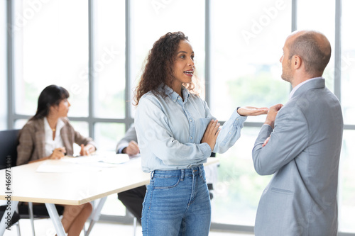 furious businesswoman arguing strongly, having disagreement and conflict for works in meeting room © offsuperphoto