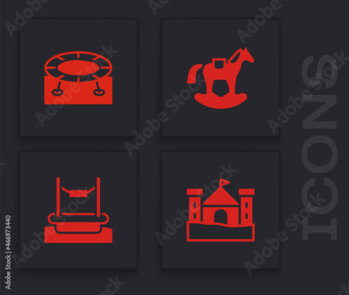 Set Sand castle, Jumping trampoline, Horse saddle swing and Bungee icon. Vector