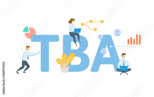 TBA, to be announced. Concept with keyword, people and icons. Flat vector illustration. Isolated on white.