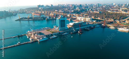 Industrial port in the field of import-export global business logistics and transportation  Loading and unloading container ships  cargo transportation from a bird s eye view.
