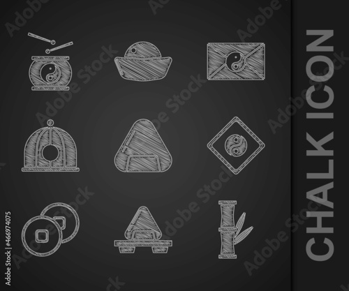 Set Sushi, on cutting board, Bamboo, Yin Yang, Chinese Yuan currency, hat, and envelope and drum icon. Vector