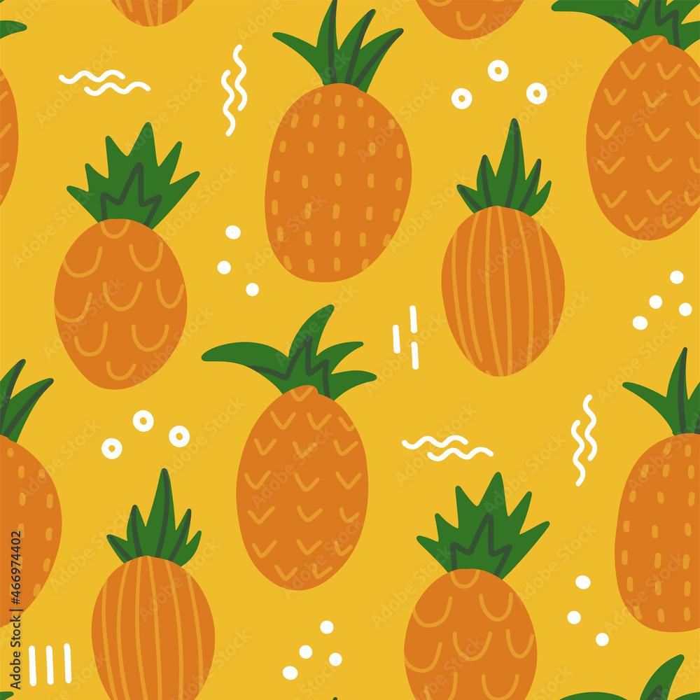 Seamless pattern of hand drawn pineapple, cute and fun modern flat vector illustration. Doodle ornate backdrop for Nursery design. Seamless pattern of hand drawn pineapple, cute and fun modern flat vector illustration. Doodle ornate backdrop for Nursery design.