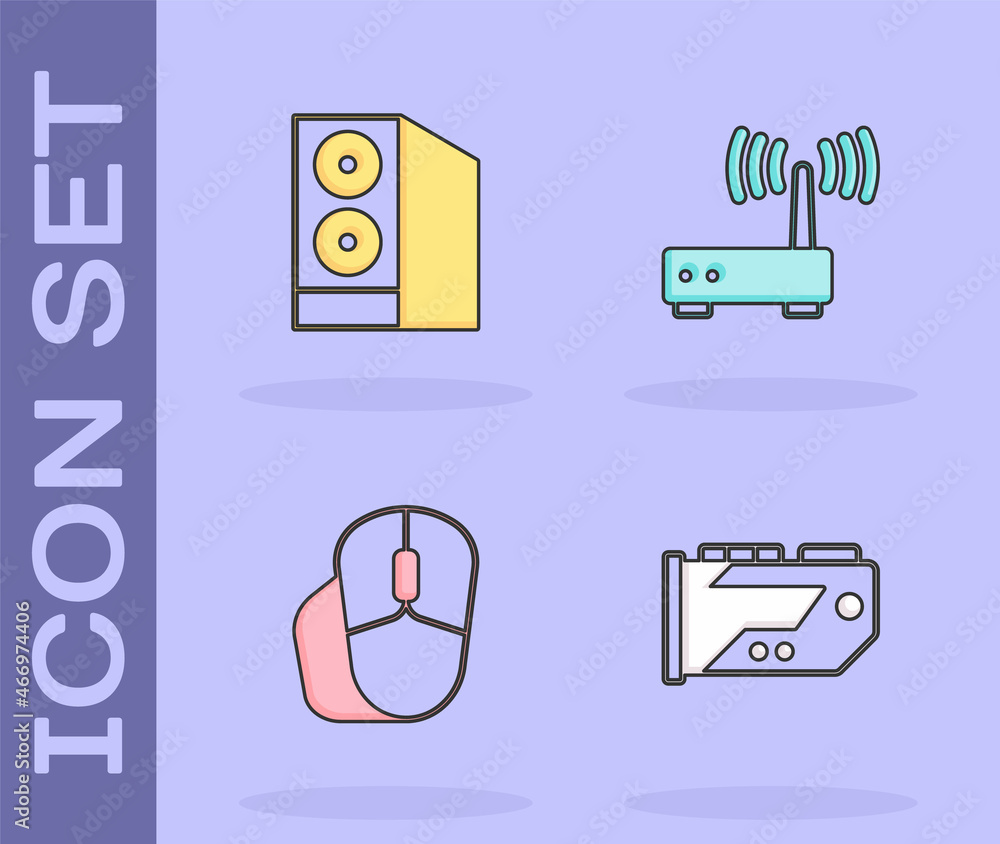 Set Video graphic card, Case of computer, Computer mouse and Router and wi-fi signal icon. Vector Set Video graphic card, Case of computer, Computer mouse and Router and wi-fi signal icon. Vector