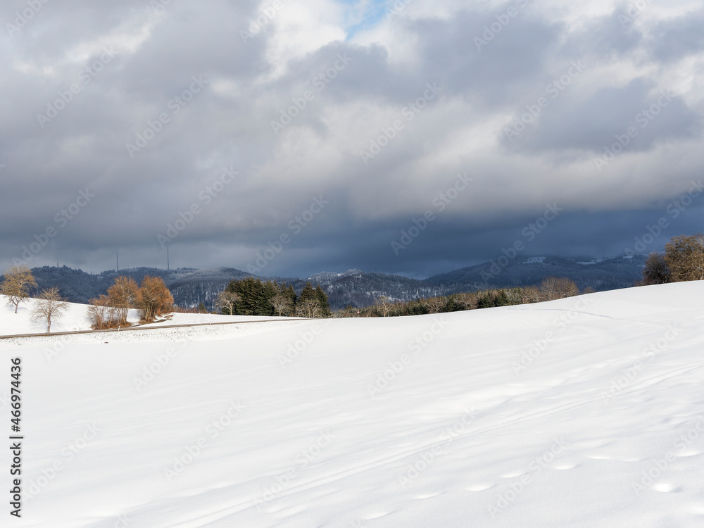 Stunning snow landscape under dark cloudy sky. White snow coat covering hill, meadow and garden in back part of the valley of Wiesental between Lörrach and Feldberg in Southern Black-Forest in Germany