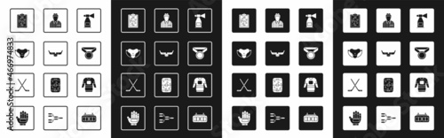 Set Air horn, Ice hockey sticks and puck, Protective sport jockstrap, Planning strategy, Medal, Hockey judge, referee, arbiter, jersey and icon. Vector