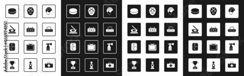 Set Hockey helmet, mechanical scoreboard, Ice hockey cup champion, puck, Sport bag, mask, Air horn and table icon. Vector