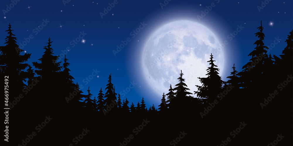Fototapeta premium ARRIÈRE-PLAN PLEINE LUNE ET SILHOUETTES DE SAPINS