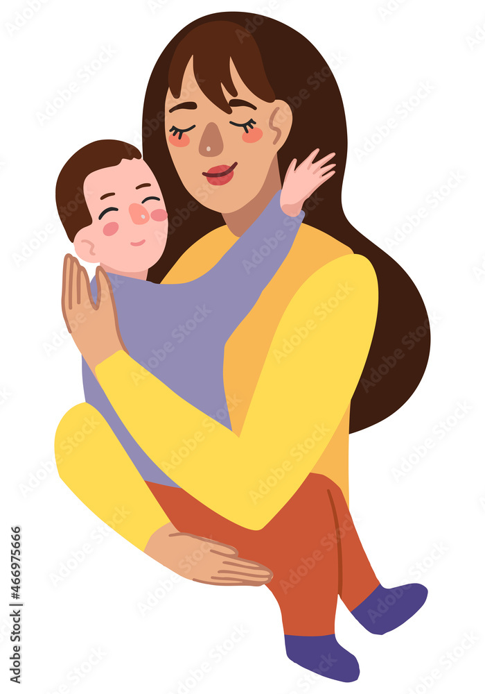 Mother and child. Woman holds son in arms. Mother's Day, parenthood concept. Hand drawn vector illustration. Colorful cartoon clipart isolated on white. Flat element for design, decor, card, sticker. Mother and child. Woman holds son in arms. Mother's Day, parenthood concept. Hand drawn vector illustration. Colorful cartoon clipart isolated on white. Flat element for design, decor, card, sticker.