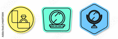 Set line Diamond engagement ring, Makeup powder with mirror and Round makeup mirror. Colored shapes. Vector