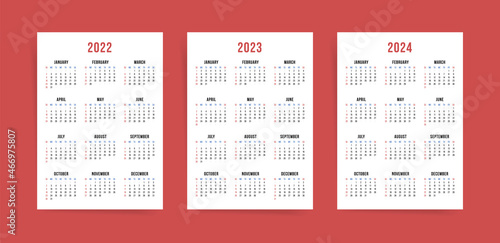 Calendar 2022, 2023 and 2024. English vector template set. Wall or pocket vertical A4 A3 calender template. Week starts on Sunday. New year minimal design layout. 
