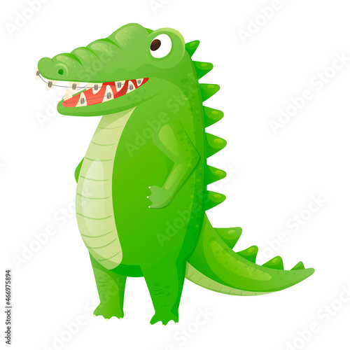 Vector isolated illustration of cartoon smiling crocodile with braces.