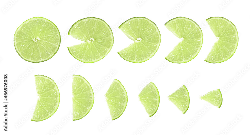 Lime slices on white background cut into different sections of a circle