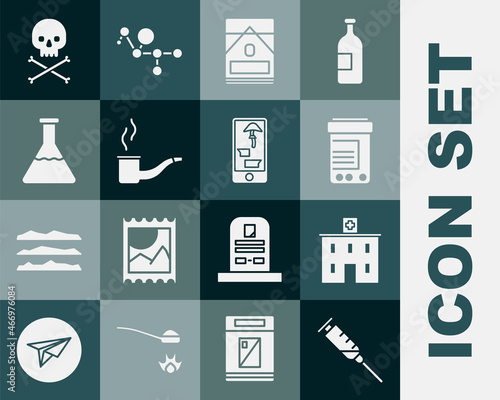 Set Syringe, Medical hospital building, Medicine bottle and pills, Cigarettes pack box, Smoking pipe, Test tube flask, Skull on crossbones and Buying drugs online phone icon. Vector