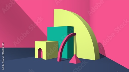 Abstract yellow 3D objects or elements installation in the pink room for a booklet of banner.