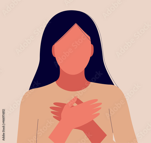 A young attractive woman holds her hands on her chest. Illustration of the concept of human emotions in a vector cartoon .