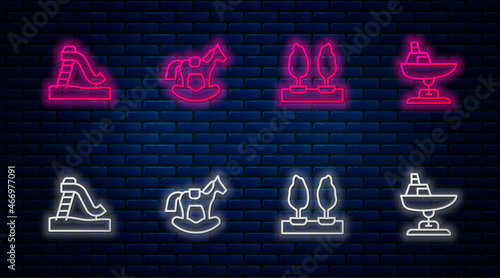 Set line Horse in saddle swing, Forest, Kid slide and Swing boat. Glowing neon icon on brick wall. Vector
