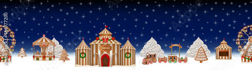 Seamless christmas banner with gingerbread funfair. christmas landscape with gingerbread cookies