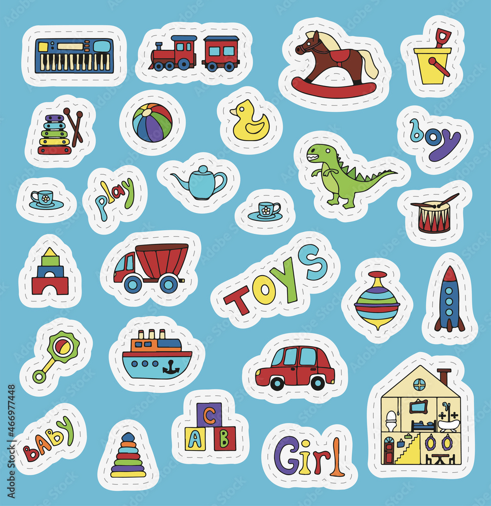 Vector toys doodle stickers set. Hand draw collection of toys icons for baby shower or scrapbook. Cute illustration for children