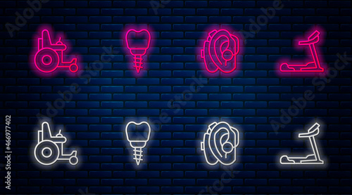 Set line Dental implant, Hearing aid, Electric wheelchair and Treadmill machine. Glowing neon icon on brick wall. Vector