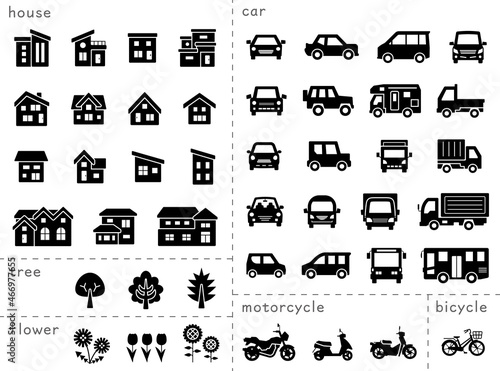 家と車と二輪車と植物のアイコンセット(シルエット)分類バージョン