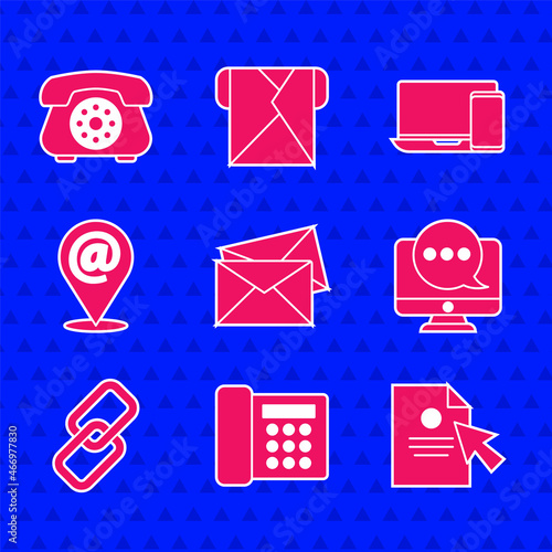 Set Envelope, Telephone, Document and cursor, Chat messages notification monitor, Chain link, Location mail e-mail, Monitor and icon. Vector