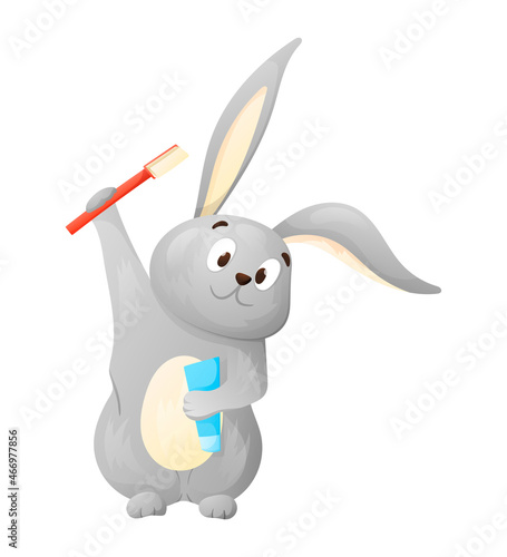 Vector isolated illustration of cartoon rabbit with toothbrush and toothpaste.