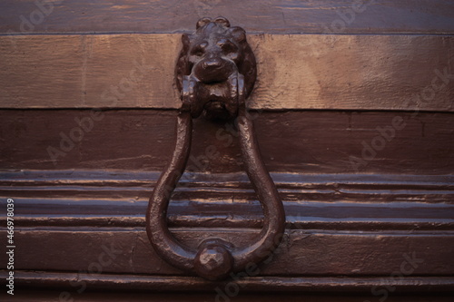 Vintage brass door knocker on an old door, Italy, Rome