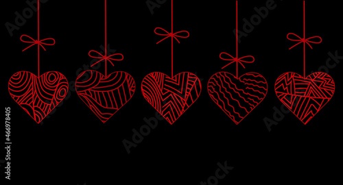 Hand-drawn  red hearts on black  background. Valentine's day background. Abstract hearts  for card, poster. Vector illustration