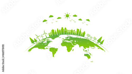 Ecology concept with green city on earth, World environment and sustainable development concept, vector illustration