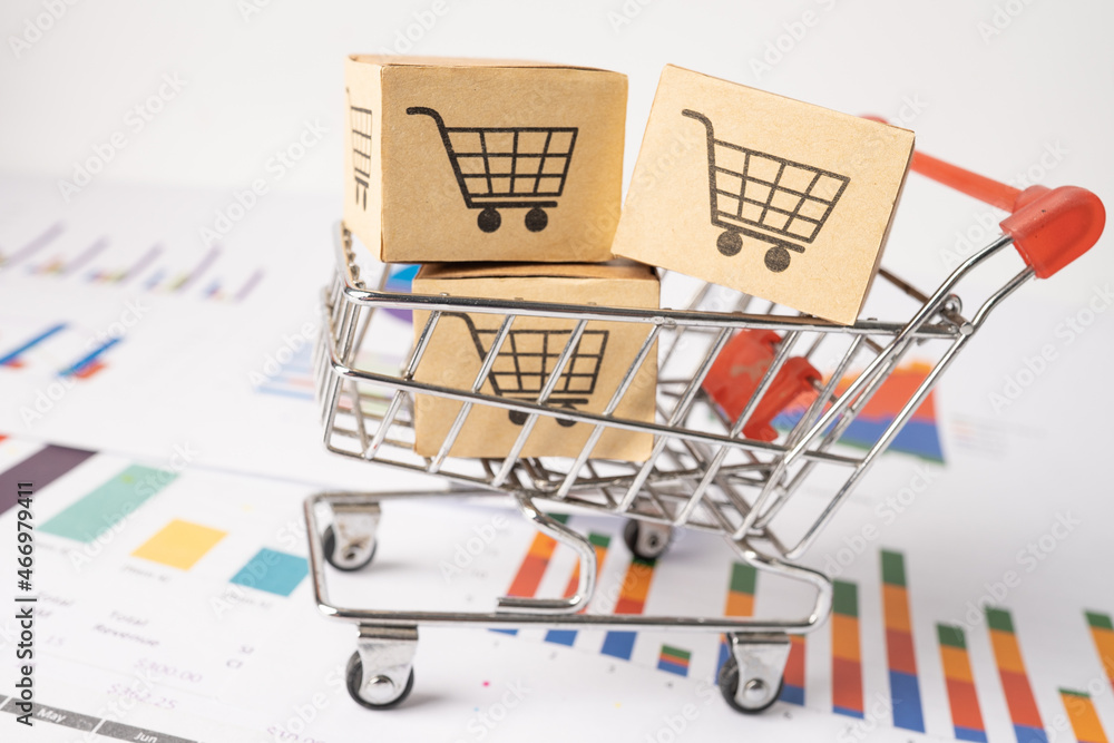 Shopping cart logo with box on graph background. Banking Account, Investment Analytic research data economy, trading, Business import export transportation online company concept.