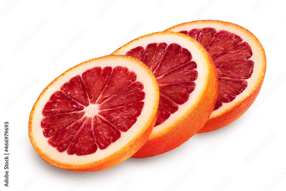 Blood red oranges slices isolated on white background with clipping path and full depth of field Blood red oranges slices isolated on white background with clipping path and full depth of field