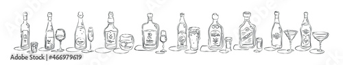 Bottle and glass vodka, wine, champagne, whiskey, liquor, beer, tequila, rum, martini, vermouth in hand drawn style. Beverage outline icon in row. Line art sketch on white background