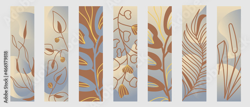 Set of vector bookmarks. Tropical leaves and branches with abstract shapes . Design in pastel colors. Can be used background, banner, cover, poster.
