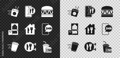 Set Online ordering noodles delivery, and, Burger, Coffee cup to go, Cafe restaurant location, Paper glass burger, and icon. Vector